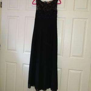 Black dress, beaded in the front, lace in the back